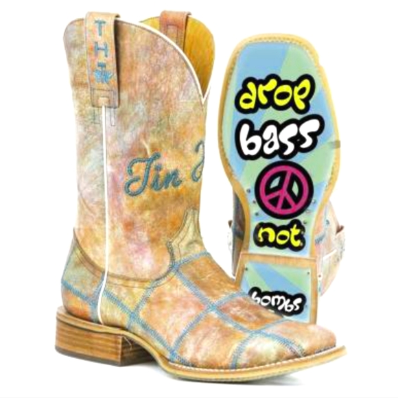 TIN HAUL "Hippie Check" pale orange & turquoise cowgirl boots square toe sz 9.5 - Picture 1 of 16